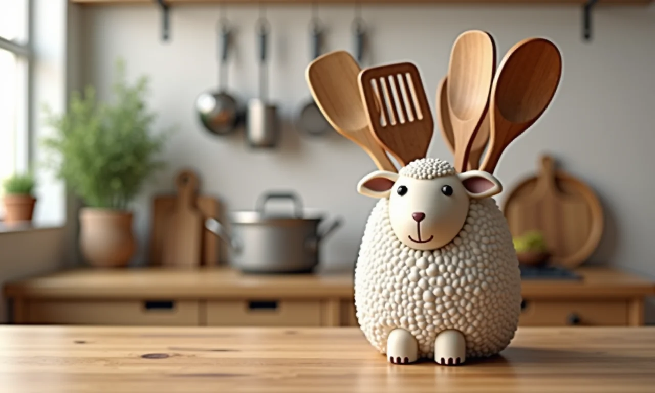 Utensílio de cozinha rústico com design de ovelha em bancada de madeira.