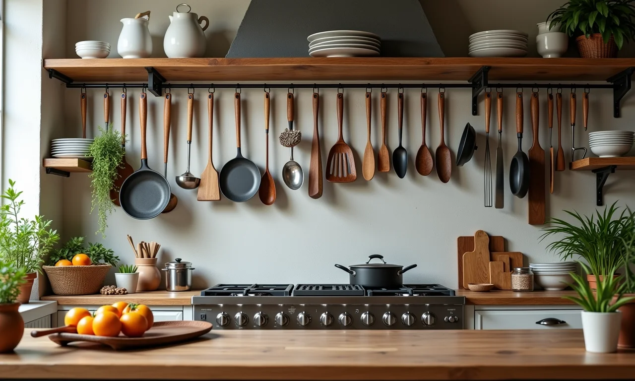 Utensílios à vista decorando cozinha gourmet com funcionalidade.