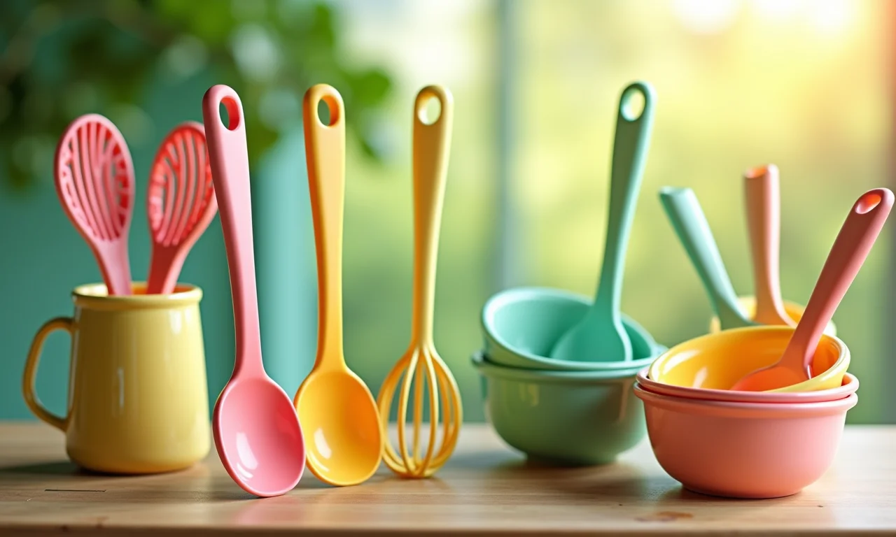 Utensílios de cozinha em candy colors dispostos em uma bancada de madeira.