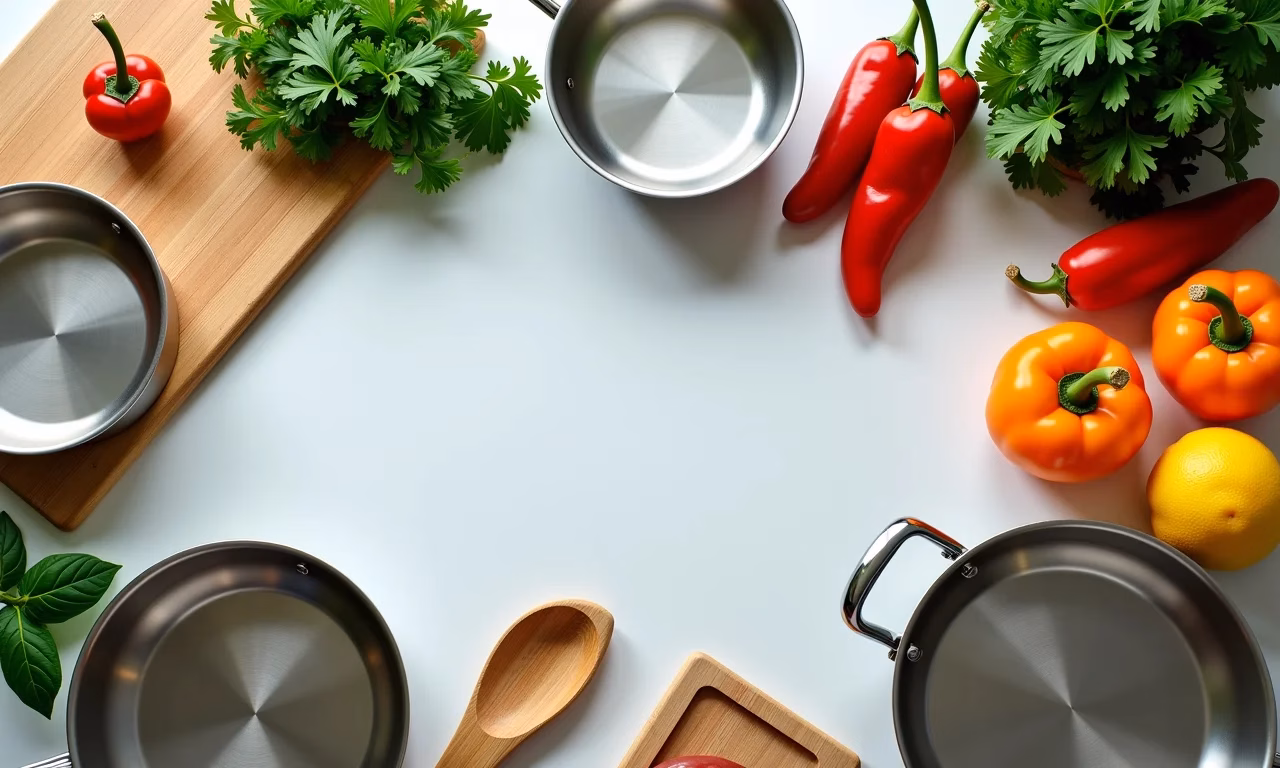 Utensílios de cozinha essenciais para veganos em uma cozinha moderna e vibrante.