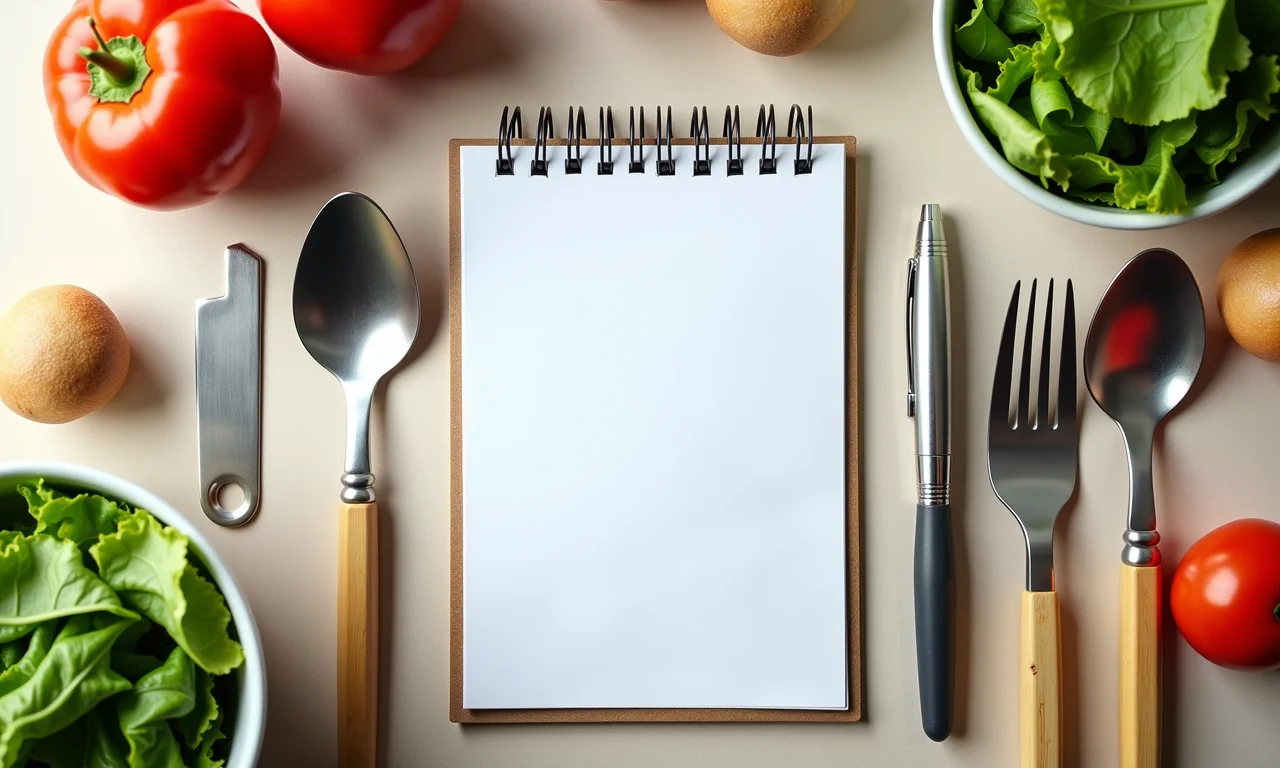 Utensílios de salada com um bloco de notas e caneta.