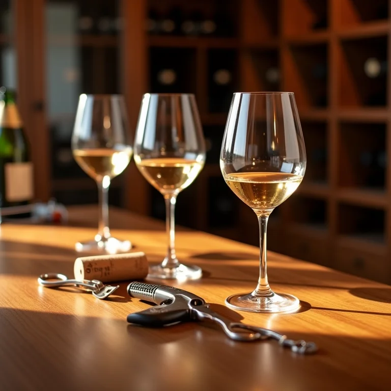 Utensílios de vinho e iluminação funcional em adega.