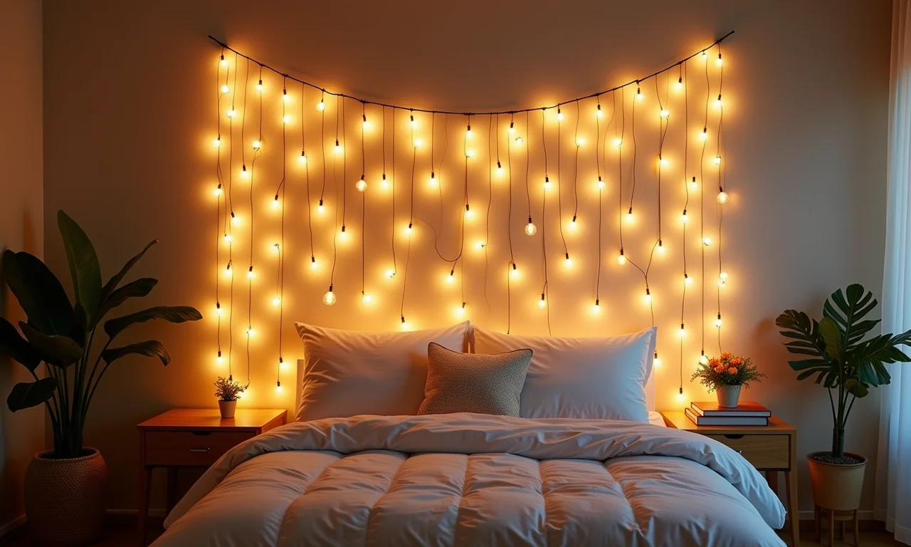 Varal de fotos iluminado com luzes de fada no quarto.