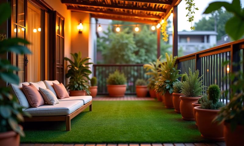 Varanda aconchegante com grama sintética e decoração brasileira.