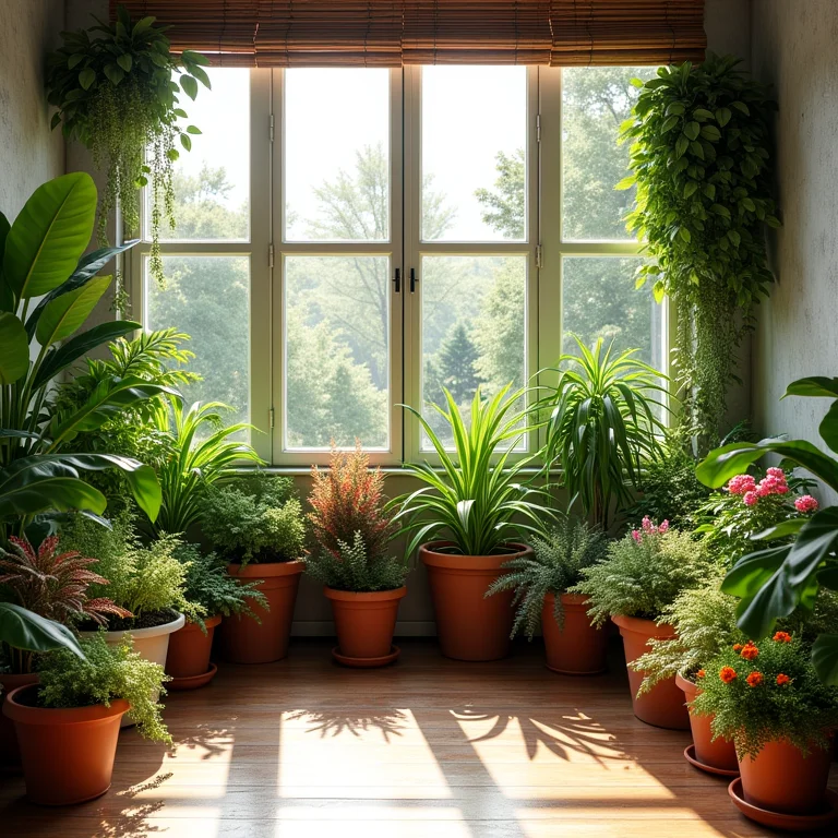 Varanda de apartamento exuberante com diversas plantas.