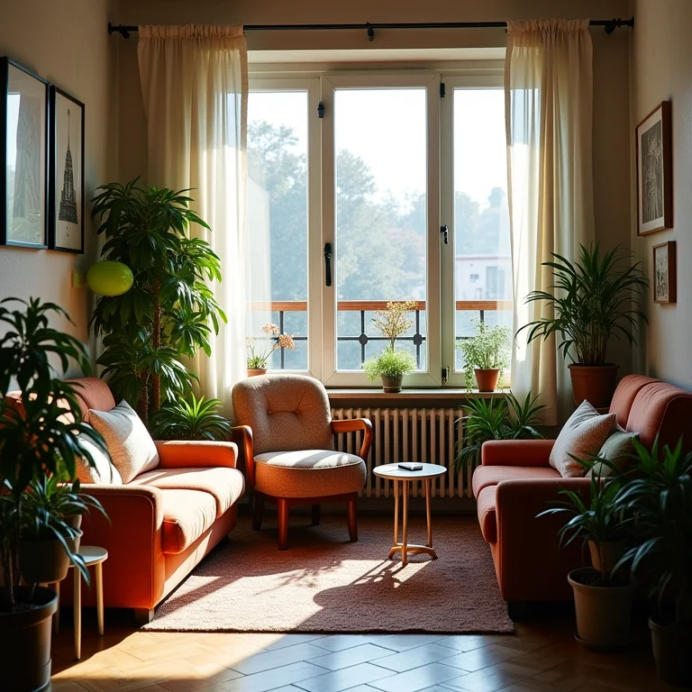 Varanda de apartamento pequena e mal aproveitada, com móveis inadequados e poucas plantas.