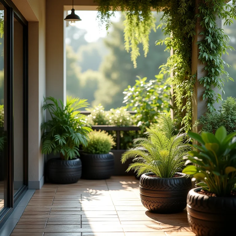 Varanda decorada com pneus e horta vertical exuberante.