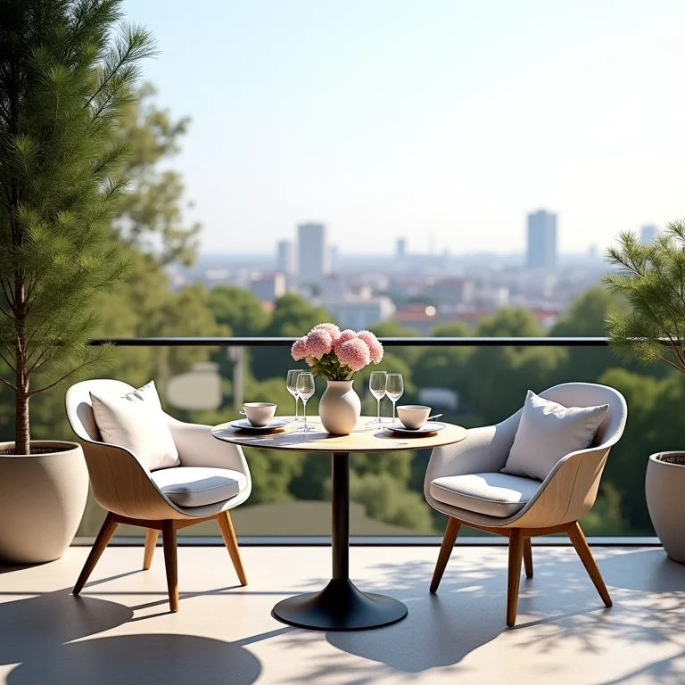 Varanda sofisticada com mesa Saarinen para um chá da tarde.
