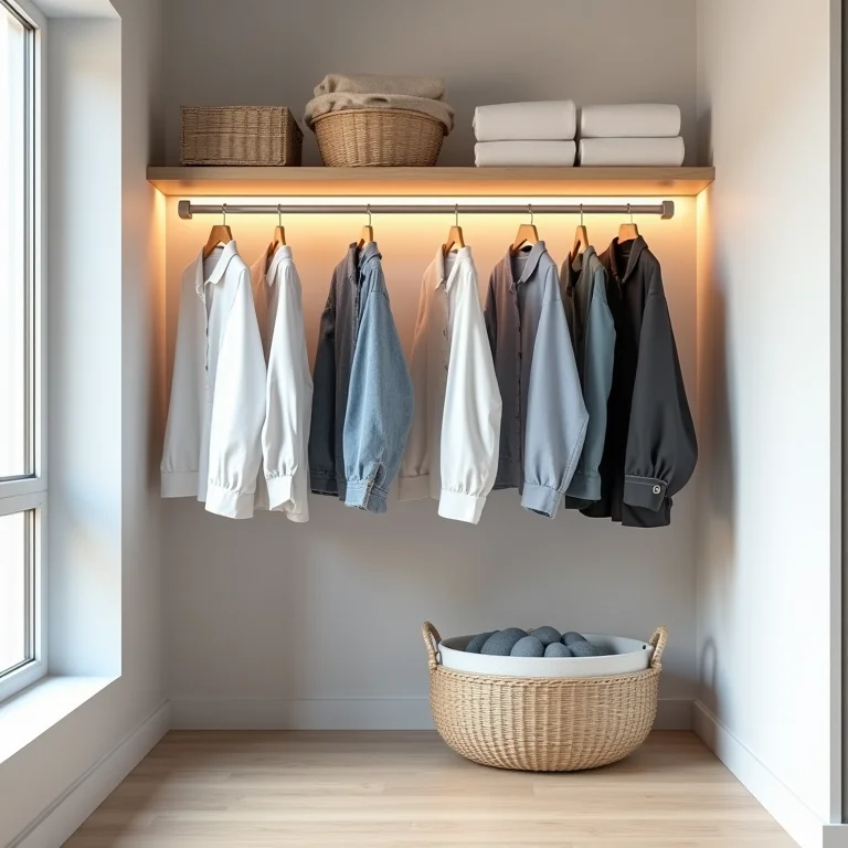 Varão para pendurar roupas instalado em uma área de serviço pequena.