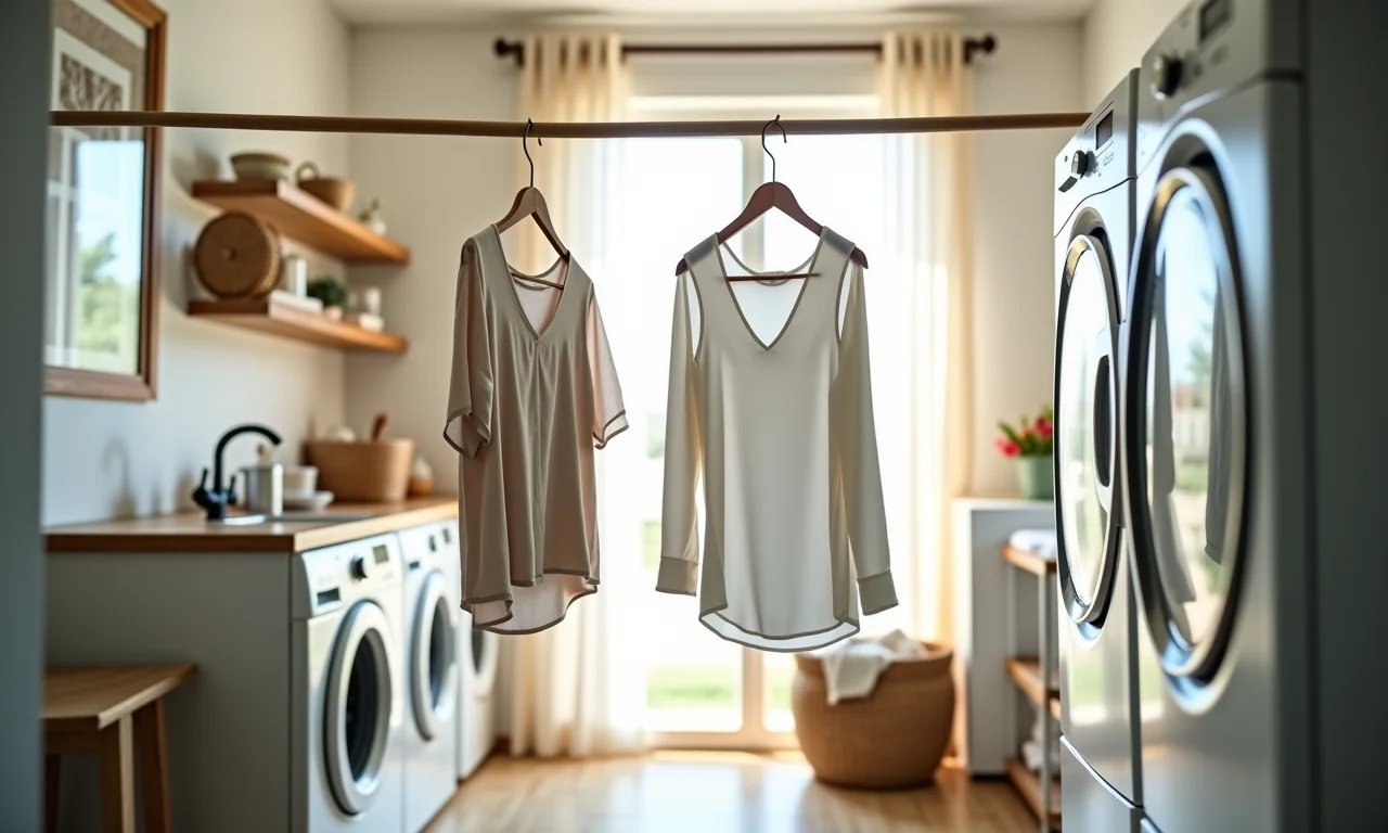 Varão retrátil para secar roupas delicadas na lavanderia.