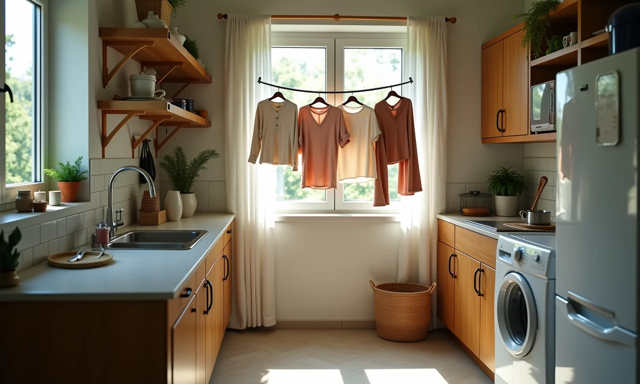 Varão suspenso para secar roupas em uma lavanderia compacta.