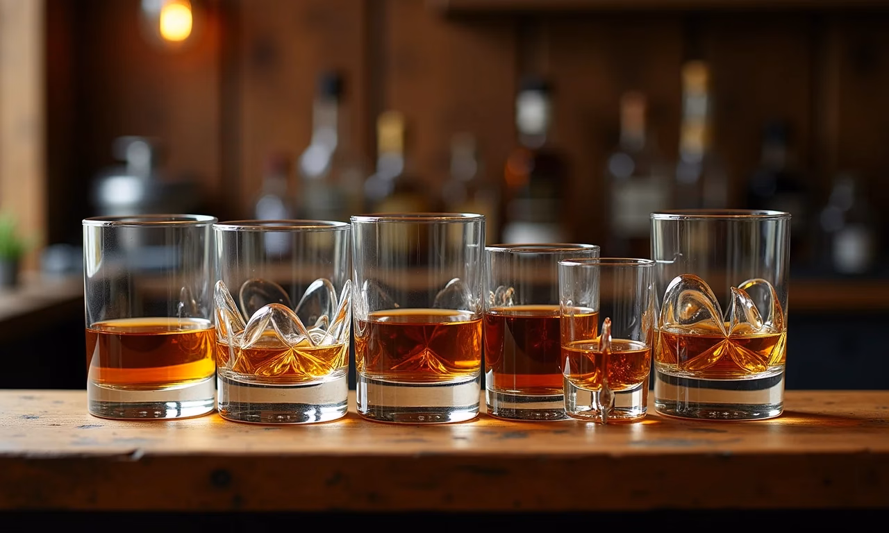 Variedade de copos de whisky em um bar rústico, iluminação natural.