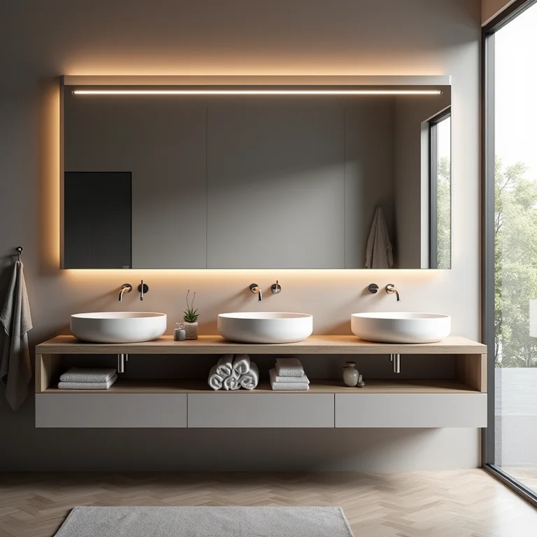 Variedade de cubas (apoio, embutir, integrada) em uma bancada de banheiro moderna.