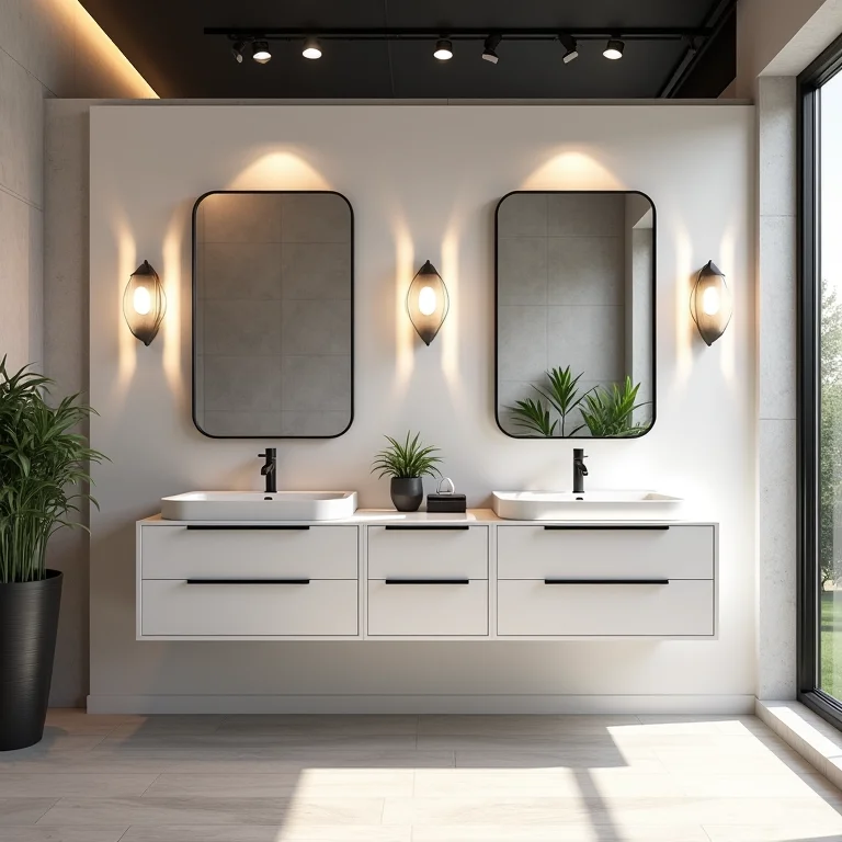 Variedade de gabinetes de banheiro em exposição em uma loja de materiais de construção.