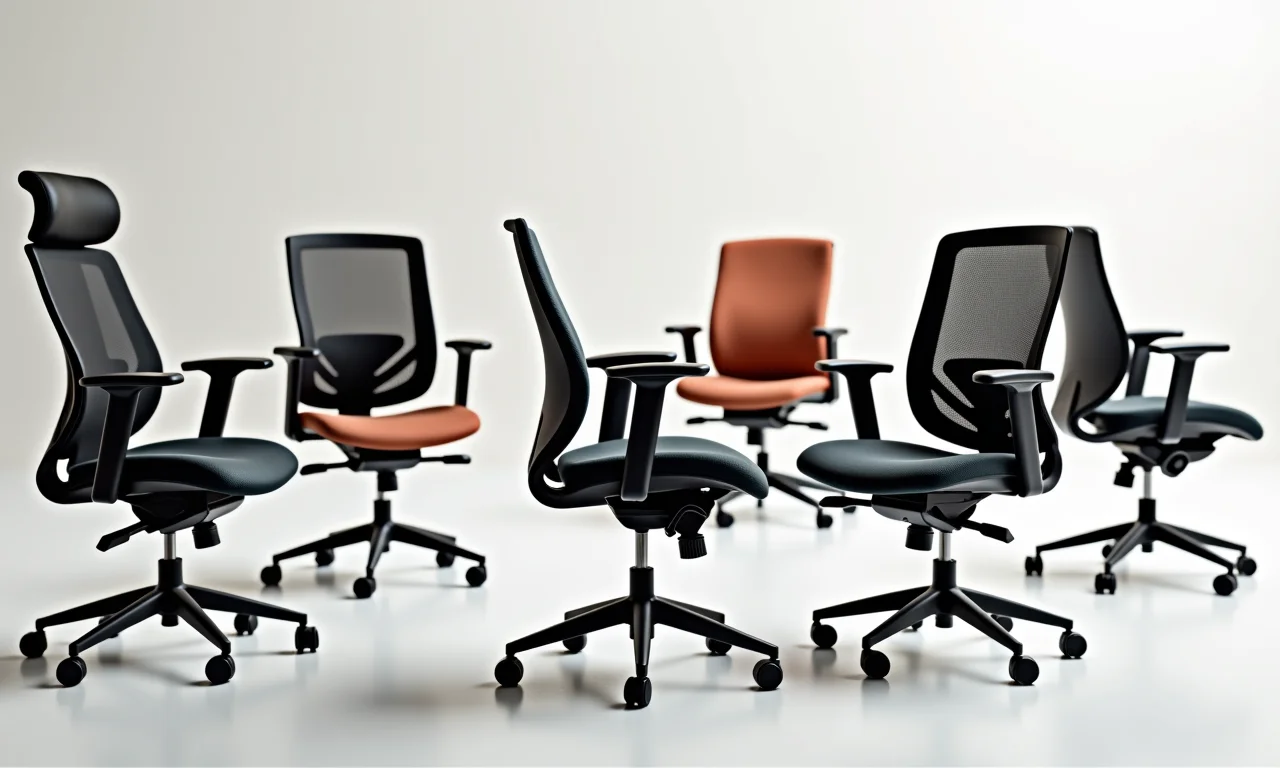 Variedade de materiais de cadeiras de escritório sem rodinhas.