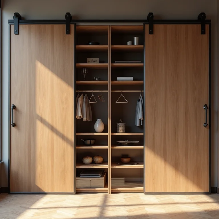 Variedade de materiais e acabamentos de racks com portas de correr.