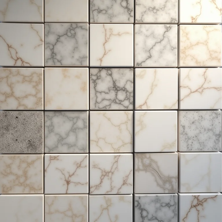 Variedade de pisos e revestimentos para banheiro em diversas cores e padrões.