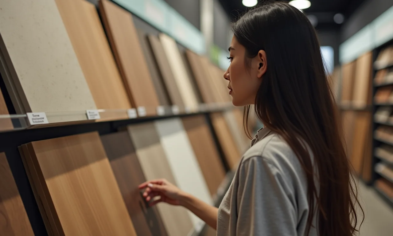 Variedade de pisos: Mulher escolhendo o tipo ideal para seu projeto.