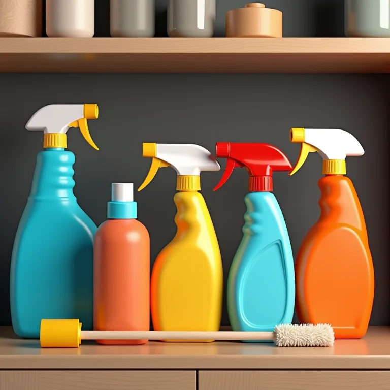 Variedade de removedores de manchas especializados e ferramentas de limpeza organizadas em uma prateleira.