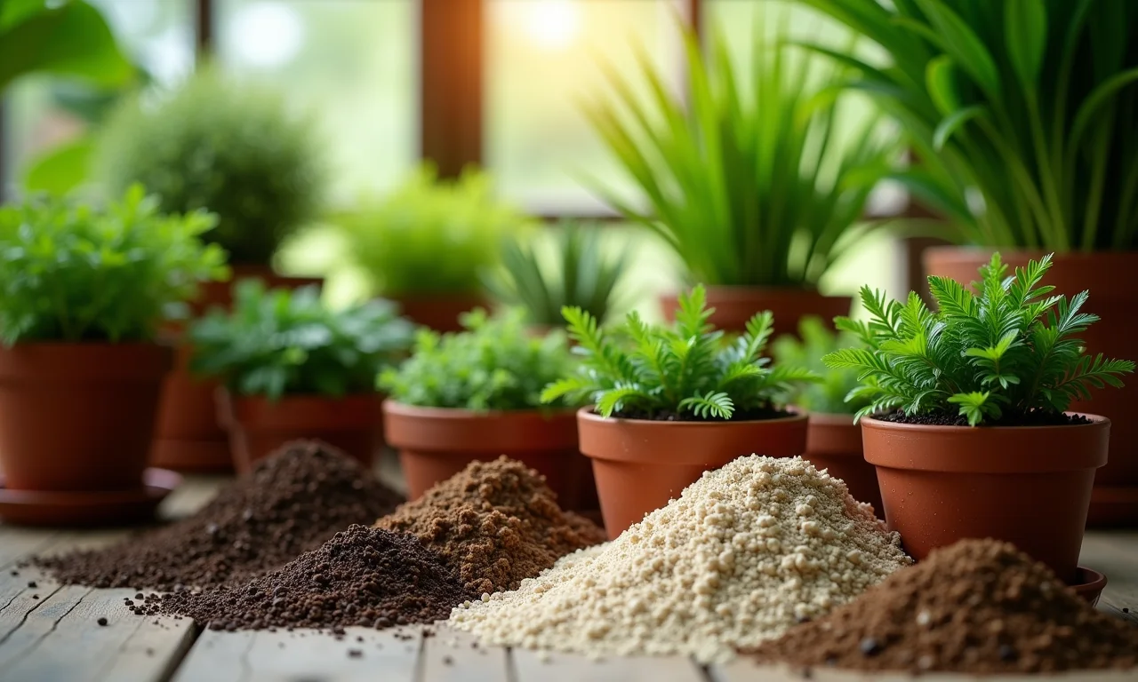 Vários tipos de adubo exibidos perto de plantas em vasos, com foco nas opções orgânicas.