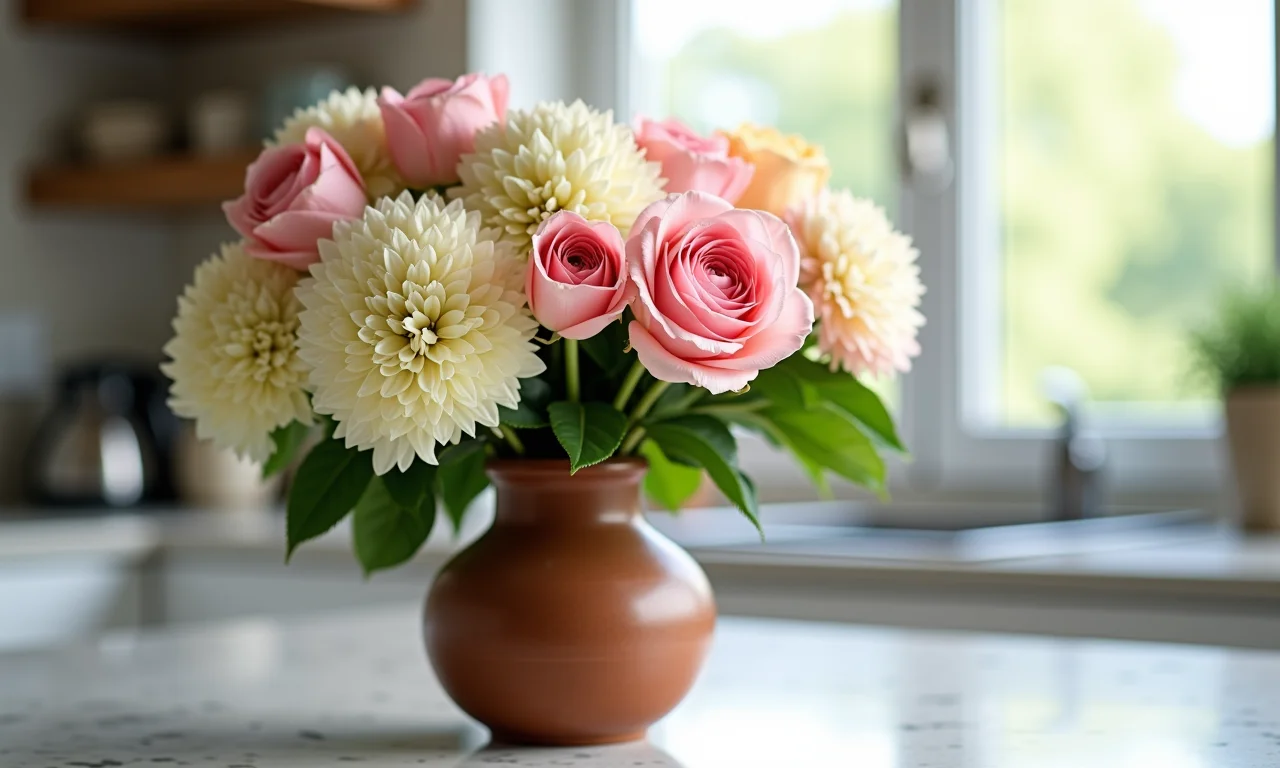 Vaso com flores em tons pastel sobre a bancada da cozinha.