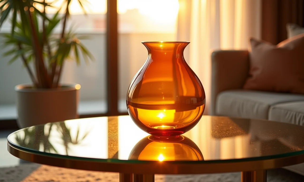 Vaso de Murano âmbar sobre mesa espelhada, destacando elegância e sofisticação.