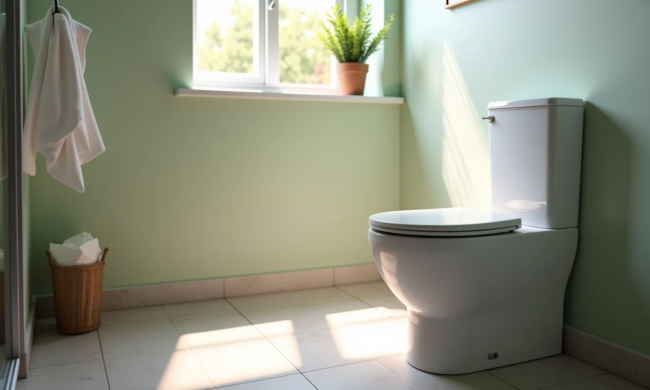 Vaso sanitário com descarga dupla em banheiro sustentável.