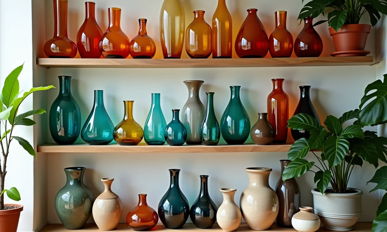 Vasos decorativos de vidro e cerâmica com plantas, adicionando charme à sala.