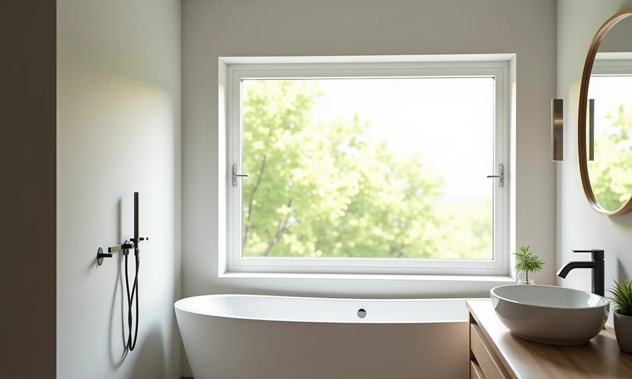 Ventilação eficiente em banheiro com janela de canto aberta.