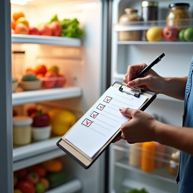 Verificação da dispensa e geladeira com lista de compras na mão.