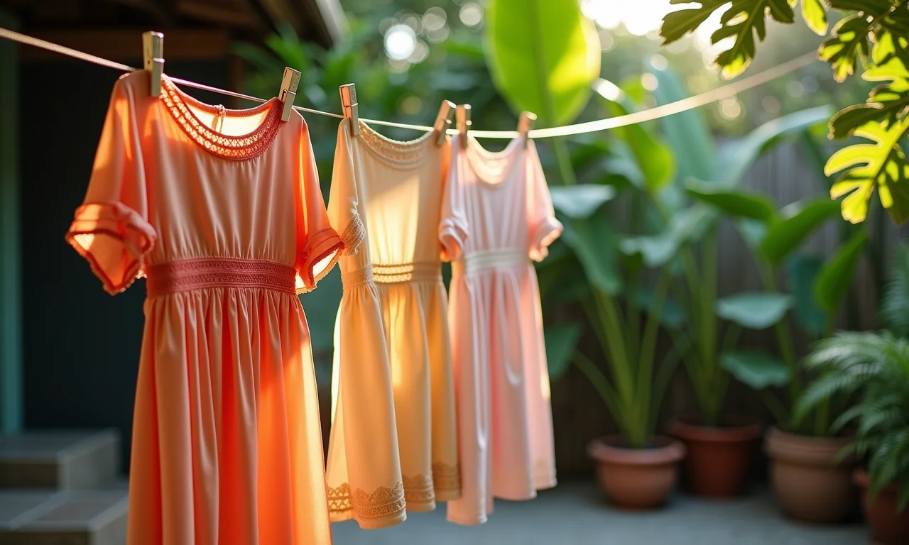 Vestido de seda secando à sombra em varal.