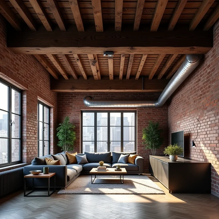 Viga aparente como destaque do estilo industrial.