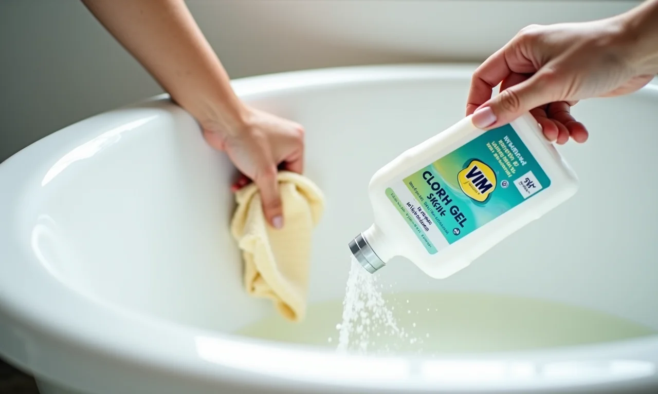 Vim Cloro Gel removendo manchas difíceis de uma banheira.