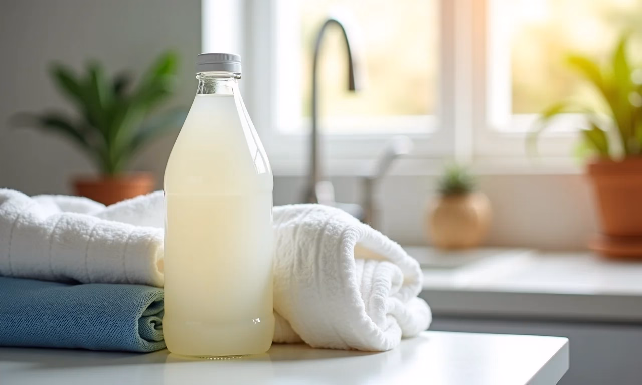 Vinagre branco ao lado de roupa limpa, alternativa natural ao amaciante.
