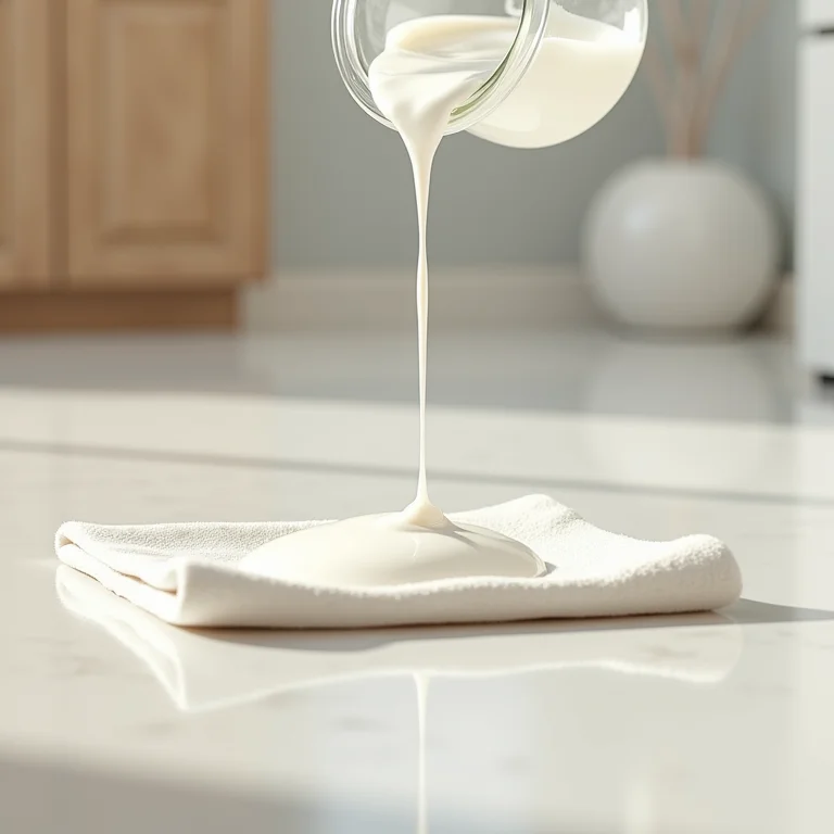 Vinagre branco sendo derramado em um pano para limpar uma mancha de tinta à base de gordura em um piso de cozinha.