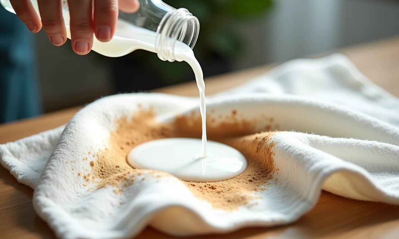 Vinagre branco sendo despejado em pano para limpar mancha de café.