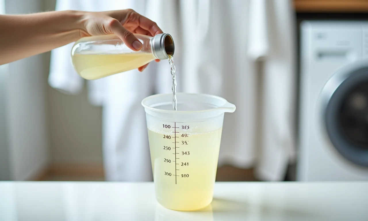 Vinagre branco sendo despejado em um copo medidor na lavanderia.