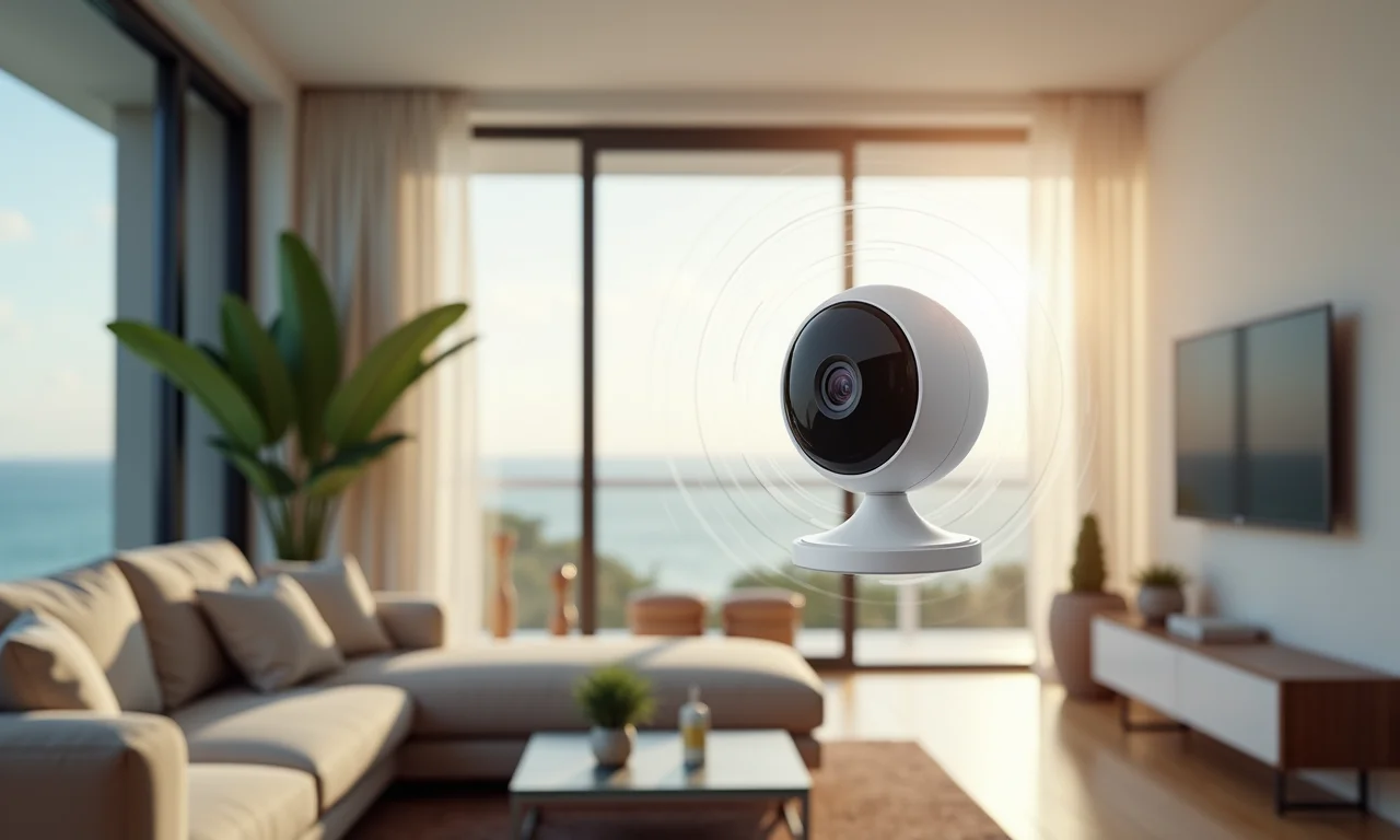 Visão completa de uma sala com câmera 360, sem pontos cegos.