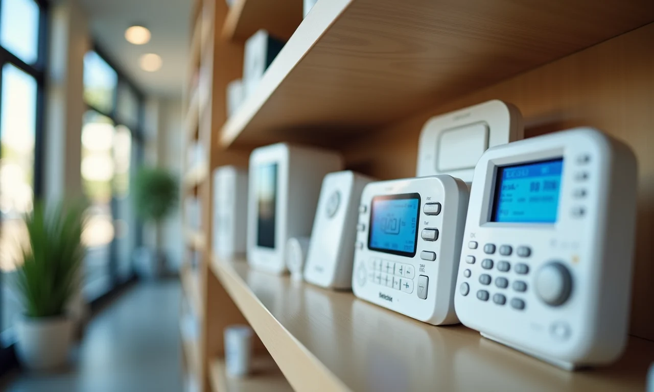 Vitrine de loja com diversas opções de alarmes para idosos.