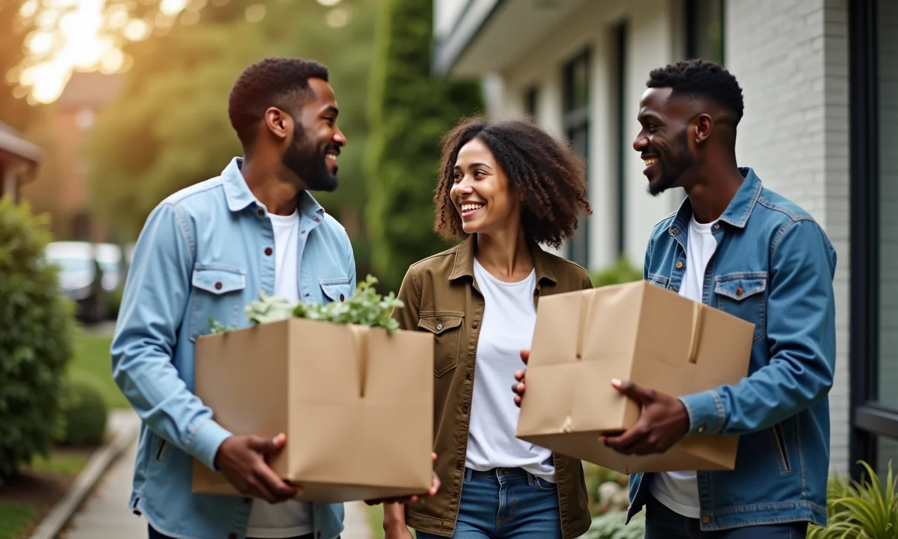 Vizinhos se ajudando a carregar compras em prédio residencial.