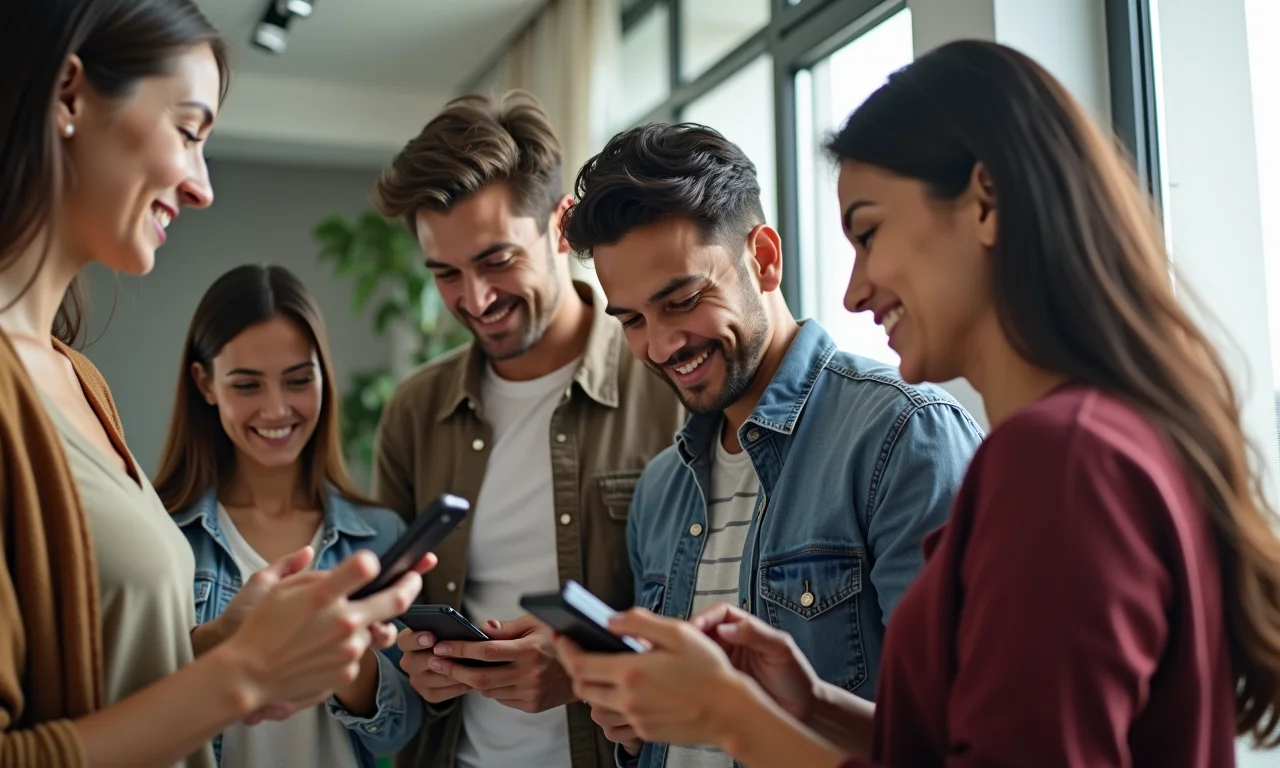 Vizinhos usando smartphones em prédio moderno, representando grupo de WhatsApp.