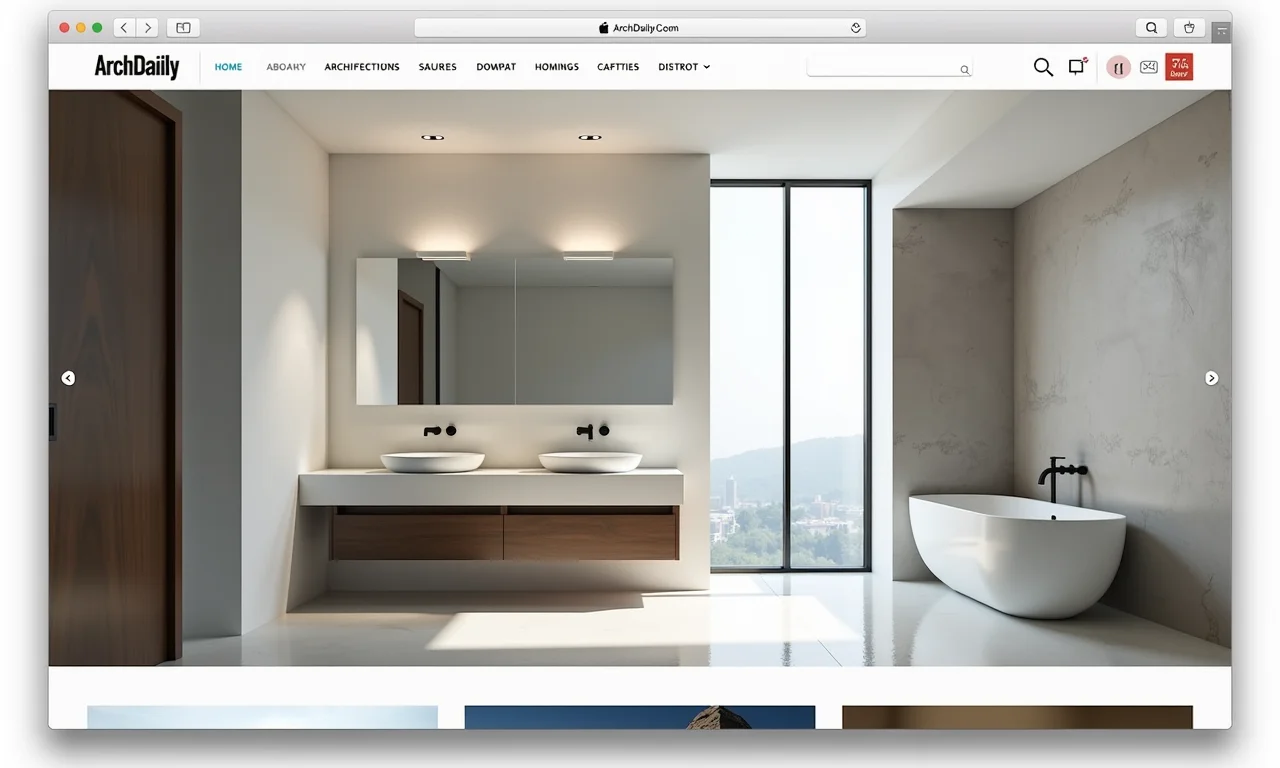 Website ArchDaily exibindo arquitetura e design de banheiros modernos.