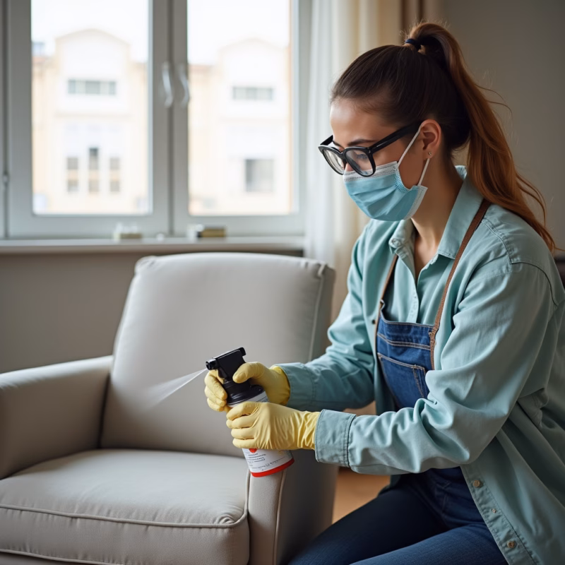 Woman wearing gloves, mask, and safety glasses while spraying fabric sealant on a armchair in a Mulher usando EPIs impermeabilizando poltrona.