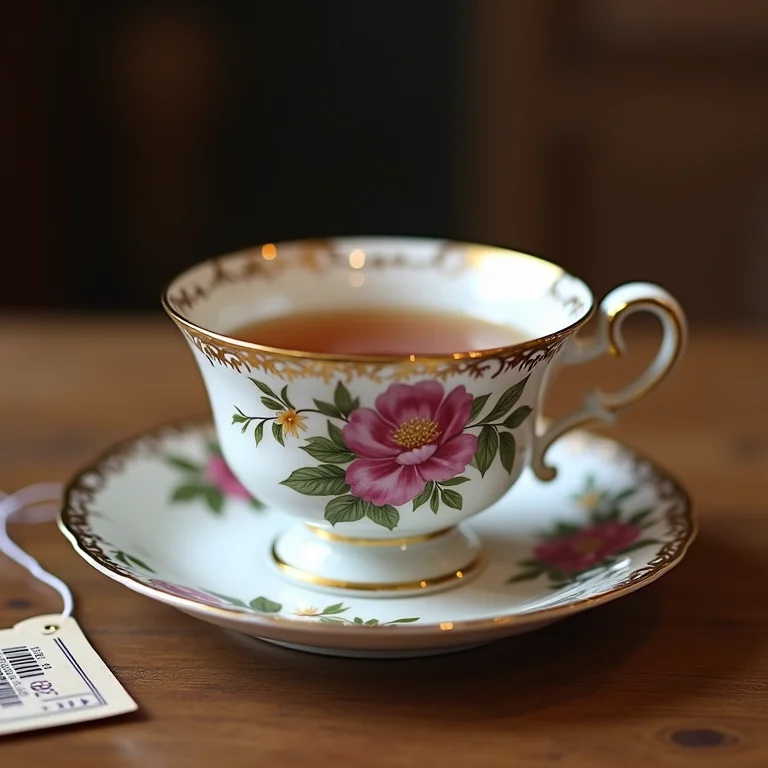 Xícara de chá antiga ao lado de uma etiqueta de preço excessivo.