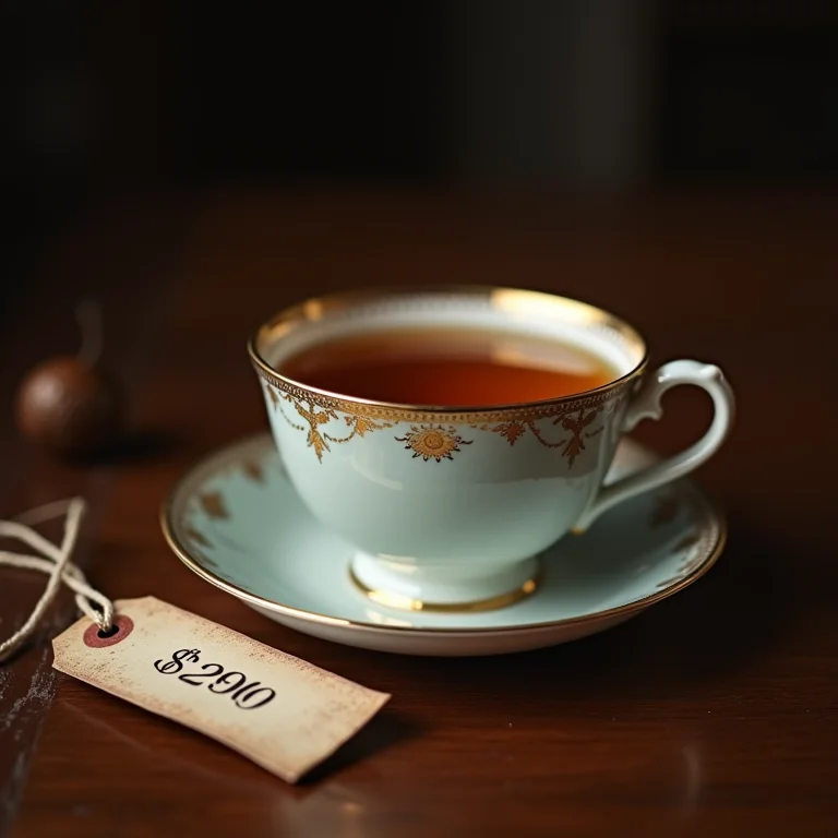 Xícara de chá antiga com uma etiqueta de preço.