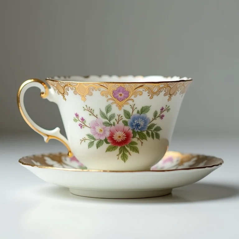 Xícara de chá antiga restaurada de forma inadequada com pintura e design alterados.