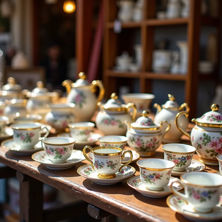 Xícaras de chá antigas à venda em uma barraca de mercado de antiguidades.