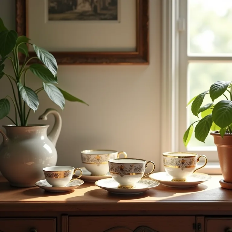 Xícaras de chá antigas em uma estante vintage em uma sala de estar ensolarada.