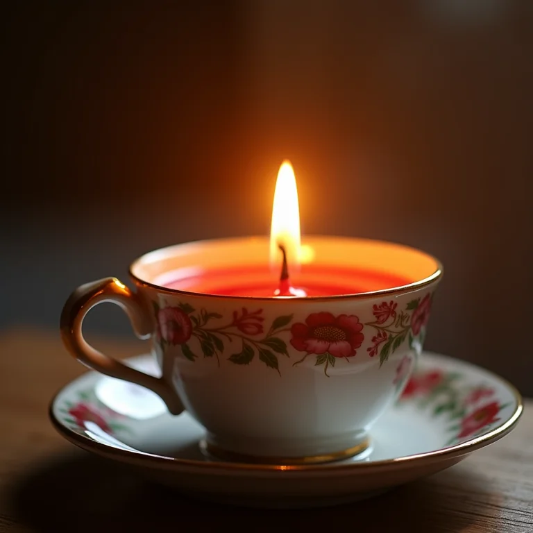 Xícaras de chá antigas transformadas em velas decorativas.