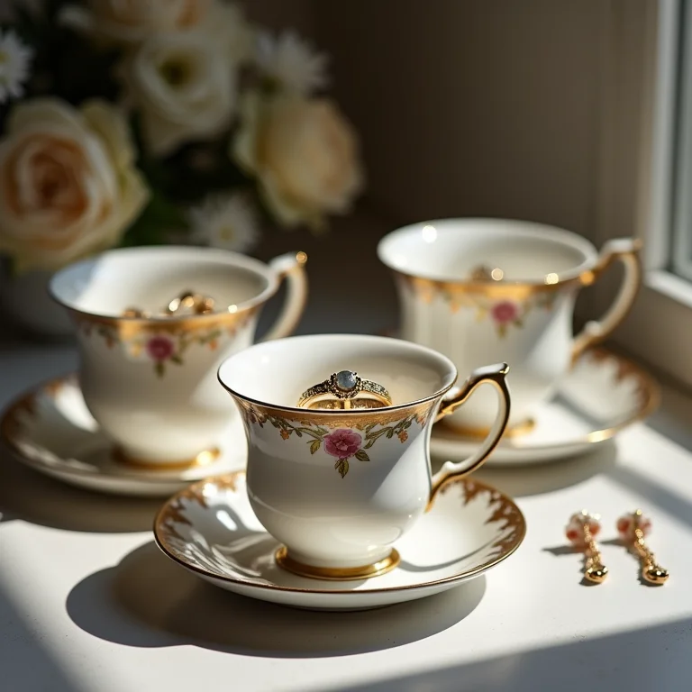 Xícaras de chá antigas usadas como porta-joias.